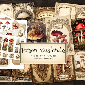 Kit de journal indésirable Champignons toxiques. Pages imprimables éphémères, signets, étiquettes, cliparts, enveloppes. Illustration d'IA à téléchargement immédiat