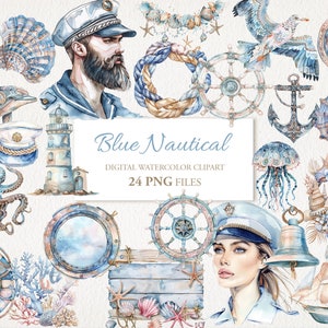 Blue Nautical Watercolor Clipart PNG Bundle. Ocean Sea Captain.  AI Illustration. Instant Download. Commercial Use. Junk Journal. 24 PACK