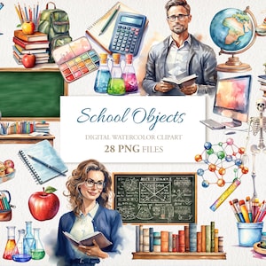 Ensemble d'objets d'école aquarelle Clipart PNG. Illustration de la rentrée des classes. Téléchargement instantané Utilisation commerciale. Carte journal indésirable. 28 PAQUET
