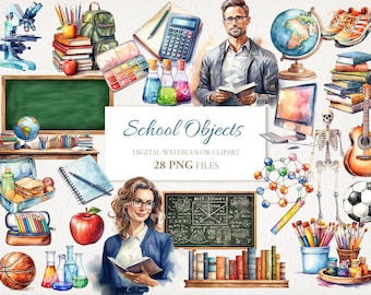 May include: A watercolor clipart set of 28 school objects, including a microscope, books, a globe, a lunchbox, pencils, a chalkboard, a computer, a skeleton, a guitar, a soccer ball, paintbrushes, and more. The clipart is perfect for teachers, students, and anyone who loves school.