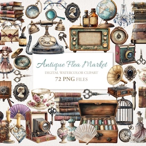 May include: Watercolor clipart set featuring antique items like a vintage telephone, camera, books, and a radio. The image includes a variety of objects with a vintage aesthetic, including a globe, a typewriter, and a gramophone. The text "Antique Flea Market" is also present.