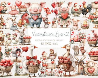 May include: A digital watercolor clipart set featuring 43 farmhouse-themed illustrations with a love theme. The set includes animals, hearts, flowers, and other romantic elements. The illustrations are perfect for creating invitations, cards, and other crafts.