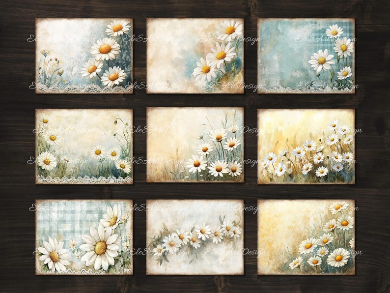May include: Nine digital collage sheets featuring watercolour illustrations of white daisies on a variety of backgrounds, including blue and white gingham, cream, and light blue.