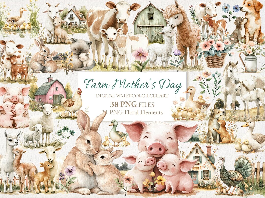 Cute Farm Animals Mother Day Country Watercolor Clipart Bundle. AI