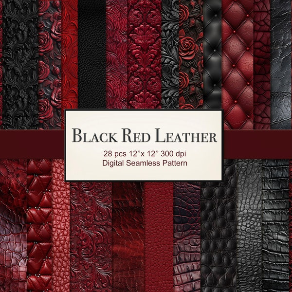 Black Red Gothic Dark Leather Seamless Pattern Embossed Texture Craft Paper Pages. Commercial Use. Crafting Scrapbook Junk Journal. 28 PACK