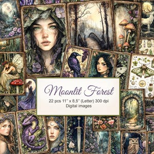 Fantasy Magic Moonlit Night Forest Junk Journal Pages. Witchy Grimoire. Digital Download. 22 PACK