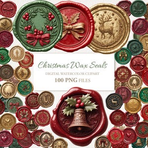 Peut inclure: Une collection de sceaux de cire de No&euml;l aux couleurs vari&eacute;es, dont le rouge, le vert et l'or. Les sceaux pr&eacute;sentent des motifs festifs tels que des couronnes, des n&oelig;uds, des cloches et un renne. Le texte "Christmas Wax Seals" et "100 PNG FILES" est &eacute;galement visible.