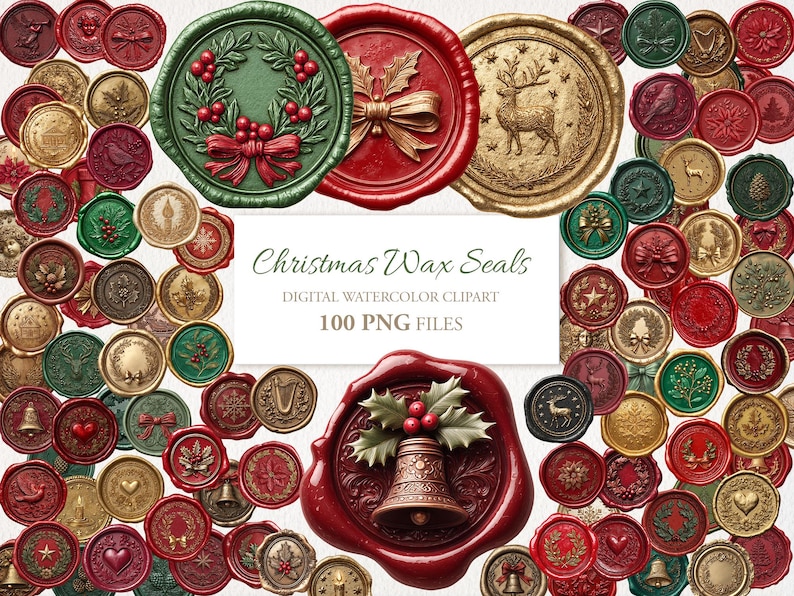 Peut inclure: Une collection de sceaux de cire de No&euml;l aux couleurs vari&eacute;es, dont le rouge, le vert et l'or. Les sceaux pr&eacute;sentent des motifs festifs tels que des couronnes, des n&oelig;uds, des cloches et un renne. Le texte "Christmas Wax Seals" et "100 PNG FILES" est &eacute;galement visible.