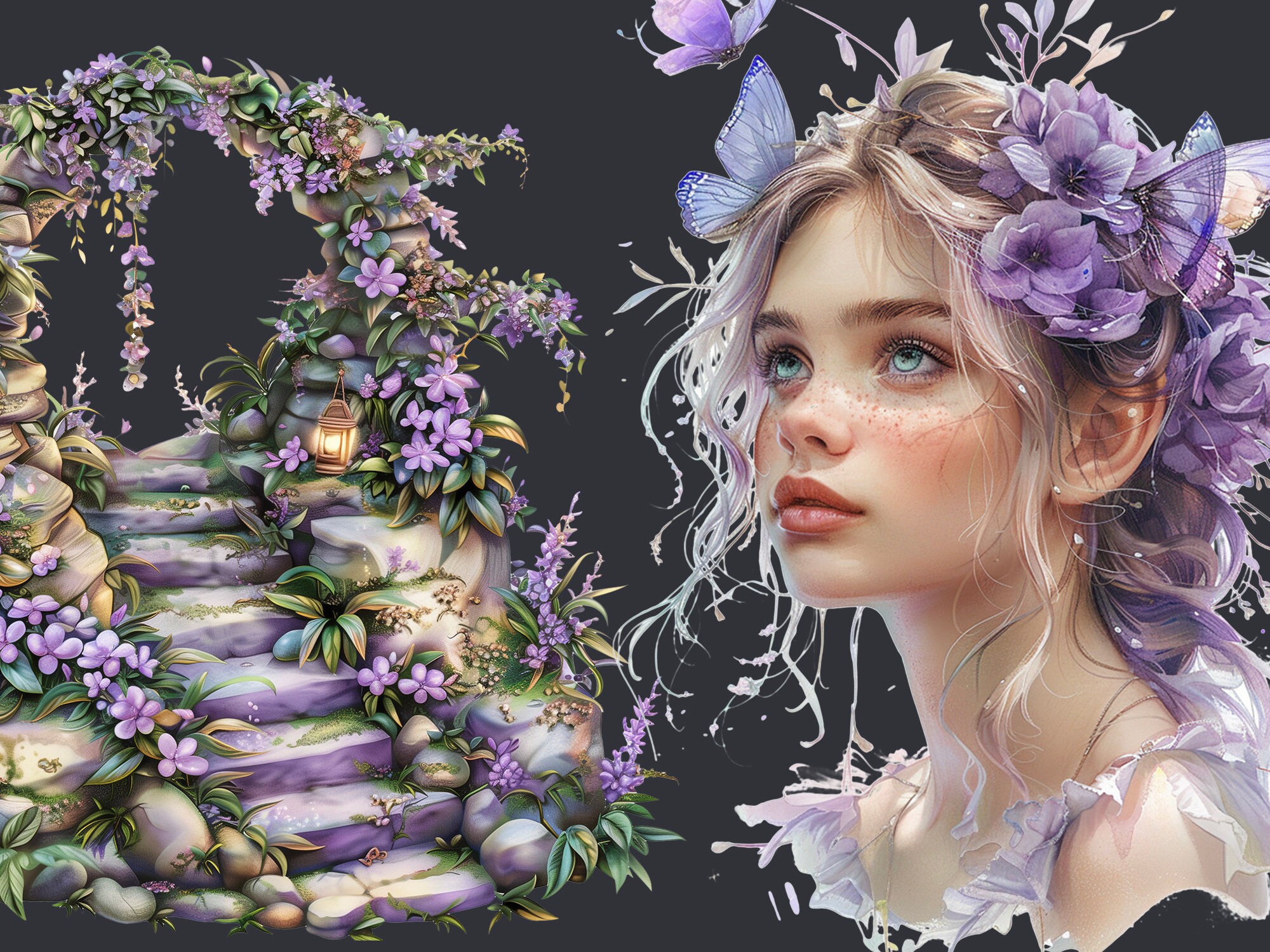 Lilac Purple Fairy Magic Watercolor Clipart PNG Bundle. AI Illustration ...