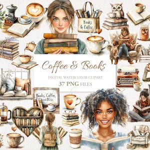Kaffee Bücher Liebhaber Aquarell Clipart Bundle. Boho Rustikal. KI Illustration. Kommerzielle Nutzung. Junk Journal Karte. 37 PNG