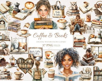 Pacchetto di clipart ad acquerello per amanti del caffè e dei libri. Stile boho rustico. Uso commerciale. 37 PNG