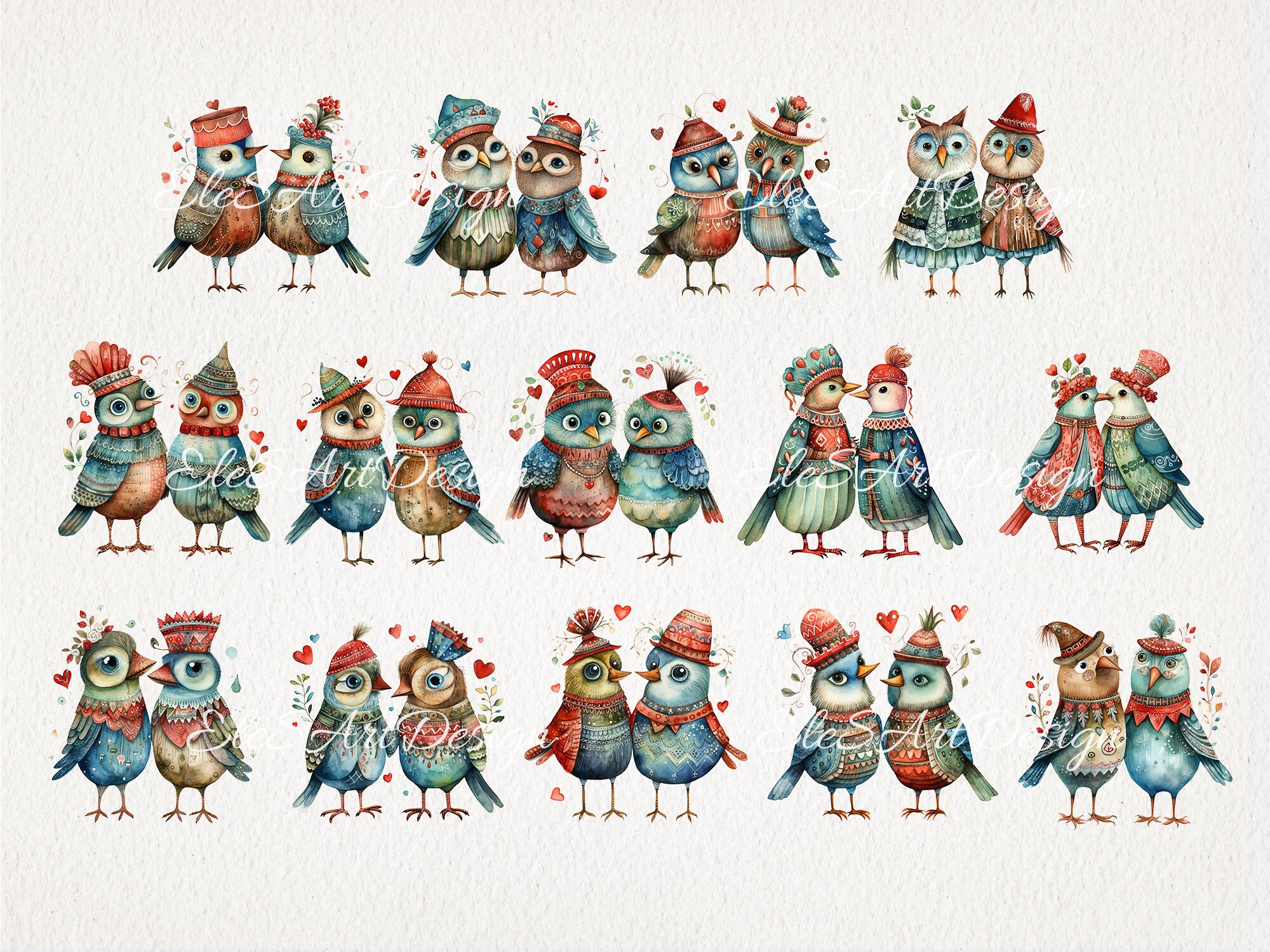 Birds in Love Valentine Cartoon Watercolor Clipart PNG Bundle. AI ...