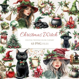 Kerstheks magische winter aquarel clipart png bundel. AI-illustratie. Commercieel gebruik. Plakboek ongewenste dagboek. 43 png