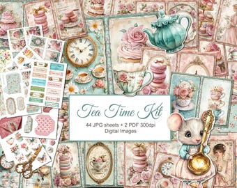 May include: A digital tea time kit with a collage of vintage-style illustrations. The images include teacups, cakes, macarons, a teapot, and a clock. The text "Tea Time Kit" is displayed on a white background. The kit includes 44 JPG sheets and 2 PDF files.