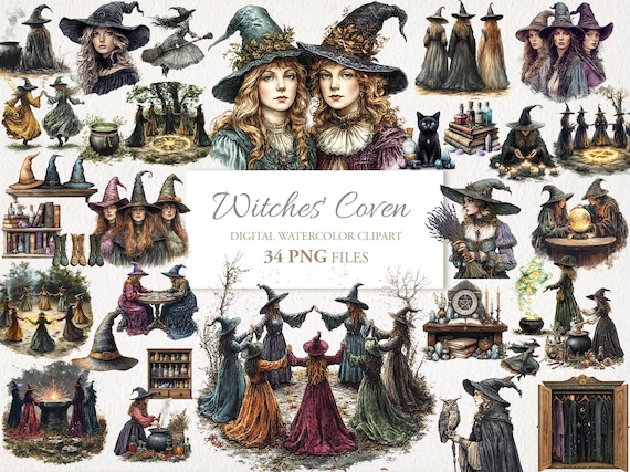 Vintage Witches Coven Wiccan Magic Clipart Bundle. AI Illustration Commercial Use. Scrapbook Junk Journal. 34 PNG