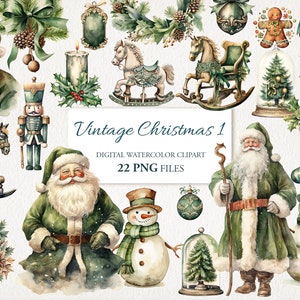 Vintage Green Christmas Winter Watercolor Clipart PNG Bundle AI Illustration. Instant Download for Commercial Use. Junk Journal Scrapbooking