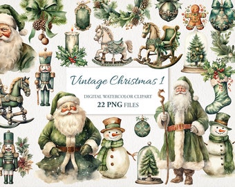 Vintage Green Christmas Winter Watercolor Clipart PNG Bundle AI Illustration. Instant Download for Commercial Use. Junk Journal Scrapbooking