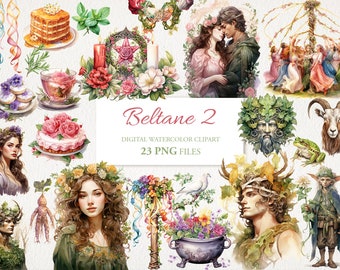 Beltane Wicca Wiccan Celtic Neopagan Watercolor Clipart. PNG Bundle. AI Illustration. Commercial Use. Witch Scrapbook Junk Journal Grimoire