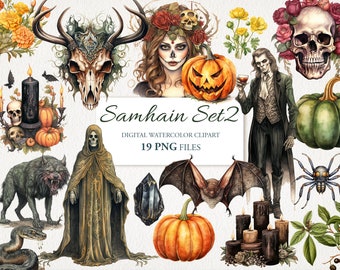 Samhain Wicca Wiccan Celtic Neopagan Watercolor Clipart PNG Bundle. Halloween Witch. AI Illustration. Commercial Use. Scrapbook Junk Journal