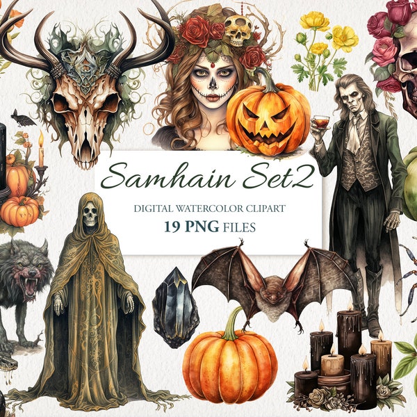 Samhain Wicca Wiccan Celtic Neopagan Watercolor Clipart PNG Bundle. Halloween Witch. AI Illustration. Commercial Use. Scrapbook Junk Journal