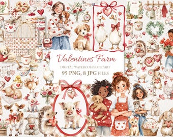 May include: Watercolor clipart set titled "Valentines Farm" featuring illustrations of farm animals, people, hearts, and floral elements. The color palette includes red, pink, and white, creating a charming and romantic theme. The set includes 95 PNG files and 8 JPG files.