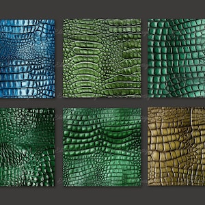 May include: Six different crocodile skin textures in various shades of blue, green, and brown. The textures are all close-up and show the detail of the scales.