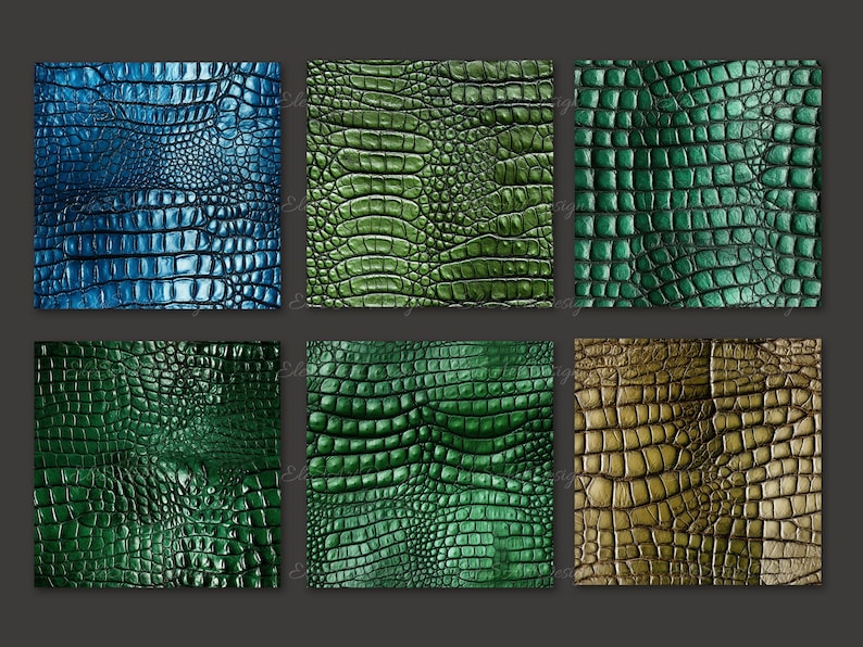 May include: Six different crocodile skin textures in various shades of blue, green, and brown. The textures are all close-up and show the detail of the scales.