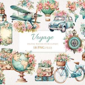 Pacote de clipart PNG de aquarela de viagem. Viagem de viagem retrô floral. Shabby Chic. Download instantâneo. Uso comercial. 18 PACOTES