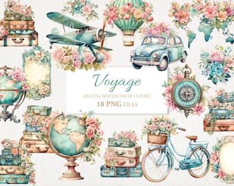 Voyage Watercolor Clipart PNG Bundle. Floral Retro Journey Trip Travel . Shabby Chic. Instant Download. Commercial Use. 18 PACK