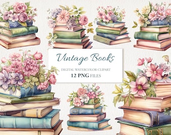 Vintage boek met bloemen, aquarel clipart PNG-bundel. Bloemen in retrostijl. Shabby chic AI-illustratie, direct te downloaden voor commercieel gebruik.