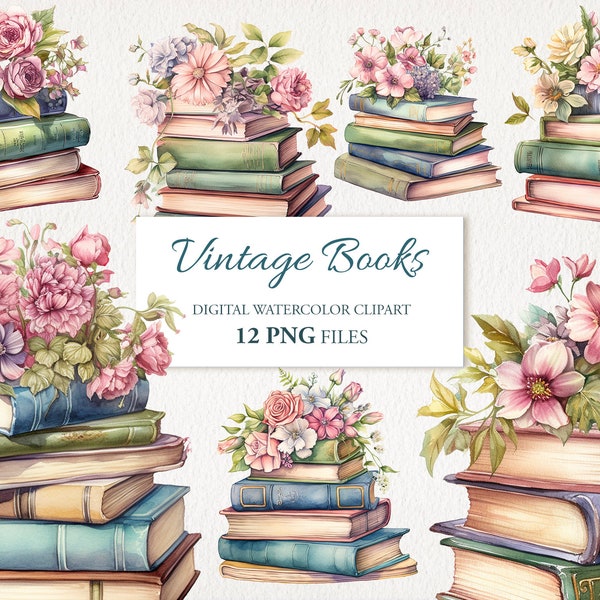 Vintage Book With Flowers Watercolor Clipart PNG Bundle. Floral Retro Books. Shabby Chic AI Illustration Instant Download for Commercial Use