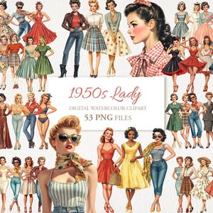 Lata 50. Kobieta Retro Vintage Papierowe Lalki Clipart Zestaw Ilustracji, Junk Journal Ephemera, Pobieranie Cyfrowe, 53 PNG