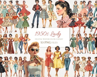 Puede incluir: Un conjunto de clipart digital de acuarela de 53 damas vintage de la década de 1950 en varias poses y atuendos. Las damas visten vestidos, faldas, pantalones y suéteres en una variedad de colores y patrones. El clipart es perfecto para agregar un toque retro a tus proyectos.