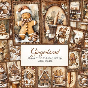 Op de afbeelding: Een verzameling aquarel illustraties met een gingerbread thema. De afbeeldingen bevatten peperkoekmannen, huizen en feestelijke lekkernijen. De tekst op de afbeelding luidt: "Gingerbread, 25 stuks, 27,9cm x 21,6cm (Letter), 300 dpi, Digital images."