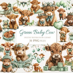 Ensemble de bébé vache Highland aquarelle Clipart PNG. Chambre de bébé nouveau-né vert neutre Art. Téléchargement instantané Utilisation commerciale. 31 PAQUET