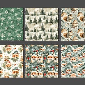 May include: Six digital paper designs featuring wintery scenes. The first design has a green background with white snowflakes. The second design has a white background with green pine trees. The third design has a blue background with brown squirrels. The fourth design has a white background with red foxes. The fifth design has a green background with red foxes. The sixth design has a blue background with red foxes.