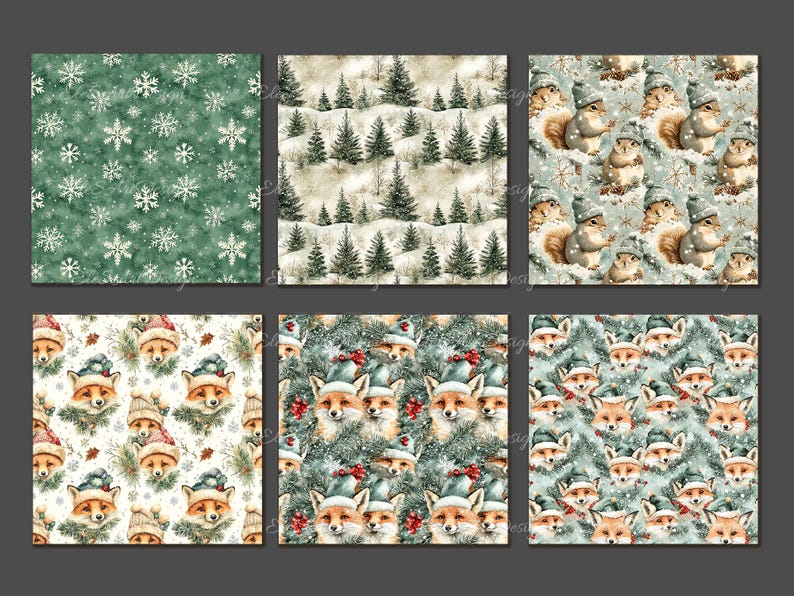 May include: Six digital paper designs featuring wintery scenes. The first design has a green background with white snowflakes. The second design has a white background with green pine trees. The third design has a blue background with brown squirrels. The fourth design has a white background with red foxes. The fifth design has a green background with red foxes. The sixth design has a blue background with red foxes.