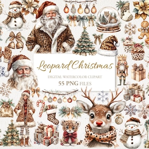 Lot de cliparts aquarelle vintage hiver Noël léopard. Illustration de l'IA. Utilisation commerciale. Cartes de journal pour scrapbooking. 55 PNG