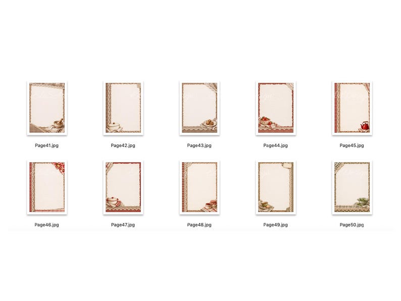 Puede incluir: Una colecci&oacute;n de diez p&aacute;ginas de papeler&iacute;a rectangulares dispuestas en dos filas, cada una con un centro de color crema y bordes decorativos con varias ilustraciones de tem&aacute;tica de cocina como teteras, tazas y cuencos, etiquetadas de Page41.jpg a Page50.jpg.