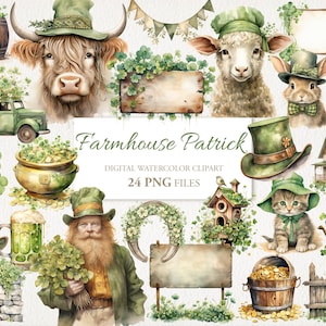 May include: A set of 24 digital watercolor clipart images featuring a farmhouse theme with a St. Patrick's Day twist. The images include a cow, a lamb, a rabbit, a cat, a leprechaun, a pot of gold, a beer mug, a shamrock, a horseshoe, a birdhouse, a watering can, a fence, a stone wall, and a house. The images are perfect for creating invitations, cards, scrapbook pages, and other crafts.