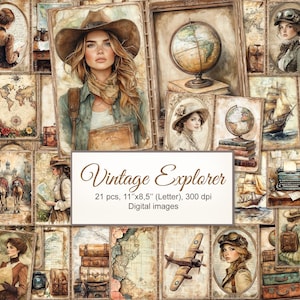 Op de afbeelding: Een collage van vintage illustraties met een ontdekkingsreizigersthema, met afbeeldingen van globes, kaarten en vrouwen in historische kleding. De centrale afbeelding toont een vrouw met een cowboyhoed. De tekst luidt "Vintage Explorer" en vermeldt de afmetingen van de afbeelding als 27,9 cm x 21,6 cm.
