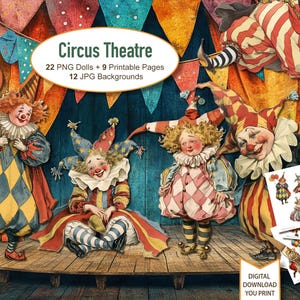 Poupées en papier clowns fantaisistes, cirque de marionnettes, coupes difficiles, téléchargement numérique éphémères de journal indésirable, 22 PNG, 9 feuilles avec des poupées, 12 arrière-plans