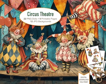 Muñecas de papel de payasos caprichosos, circo de marionetas, recortes precisos, efímeros para diario creativo, descarga digital, 22 PNG, 9 hojas con muñecas, 12 fondos.