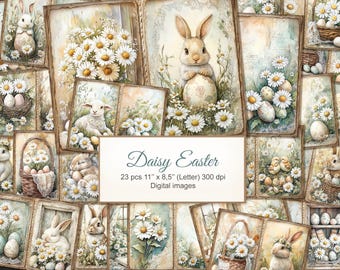 May include: A digital collage of 23 images featuring a daisy theme with bunnies, chicks, lambs, and eggs. The images are in a rustic style with wood frames and white daisies.