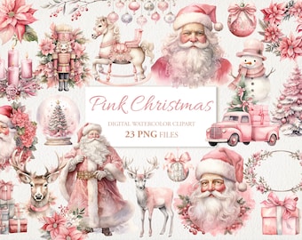 Pink Christmas Winter Watercolor Clipart PNG Bundle AI Illustration. Instant Download for Commercial Use. Junk Journal Scrapbooking