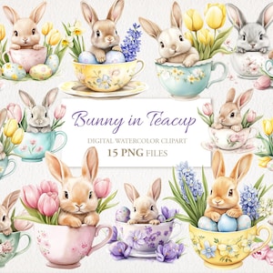 Niedlicher Osterhase in Teetasse. Blumen, Eier. KI Illustration. Kommerzielle Nutzung. Sammelalbum Junk Journal Karten. 15 PNG