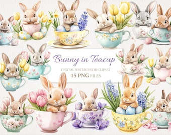 Cute Easter Bunny Rabbit in Teacup. Flowers, Eggs. AI Illustration. Commercial Use. Scrapbook Junk Journal Cards. 15 PNG