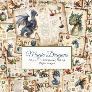 Vintage rommeldagboek Magic Dragons. Afdrukbare pagina's magische hekserij alchemie. Boek der schaduwen, Grimoire. Digitale download. VERPAKKING VAN 36