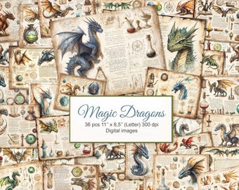 Dziennik Magicznych Smoków w Stylu Vintage Junk. Strony do druku z Magicznymi Czarami i Alchemią. Księga Cieni, Grimoire. Pobieranie cyfrowe. Opakowanie 36 sztuk.