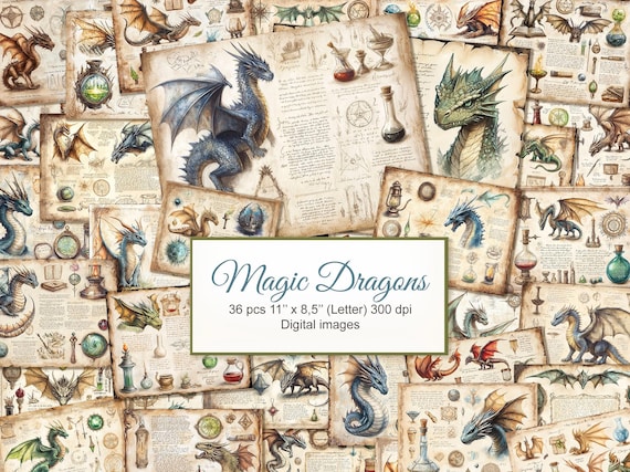 Magic Dragons Vintage Junk Journal. Magic Witchcraft Alchemy Printable Pages. Book of Shadows, Grimoire. Digital Download. 36 PACK